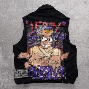 Jafrum Vest Mens XL Black Biker Denim Motorcycle Club Cut‎ Hand Painted Graphic